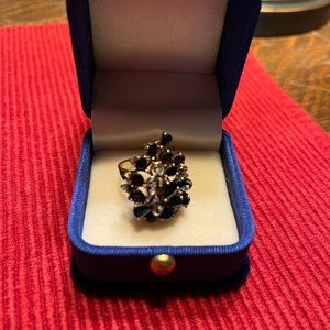 Blue Sapphire and Diamond Waterfall Cluster 14KT Yellow Gold Ring - Size 7